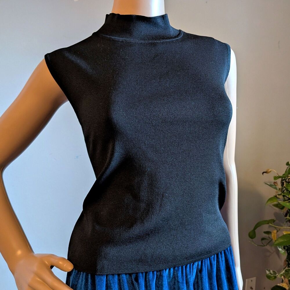 Vintage 90s Marlis Black Knit Mock Neck Top Sleeveless Quiet Luxury Size MP